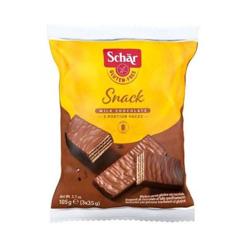 Schar snack, čokoládou obalená, lieskovcová plnená oblátka, 105 g.